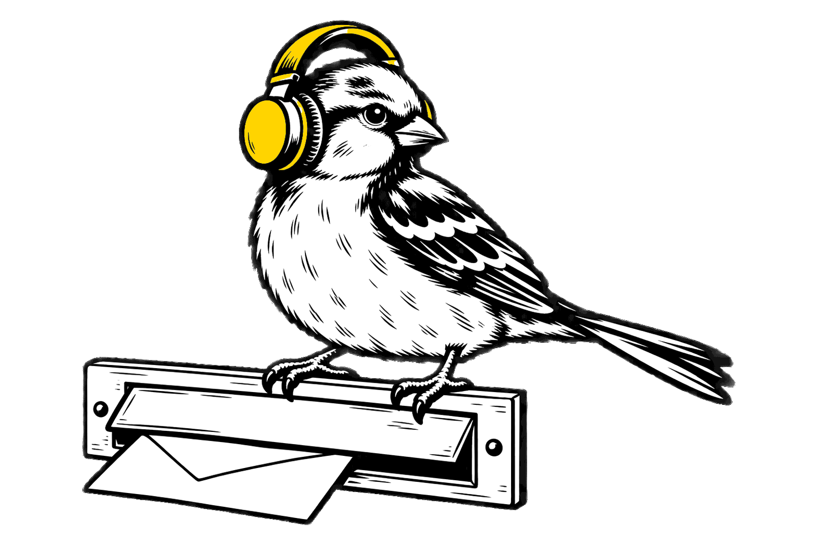 A sparrow in headphones perched on a mail slot, with an envelope coming through.