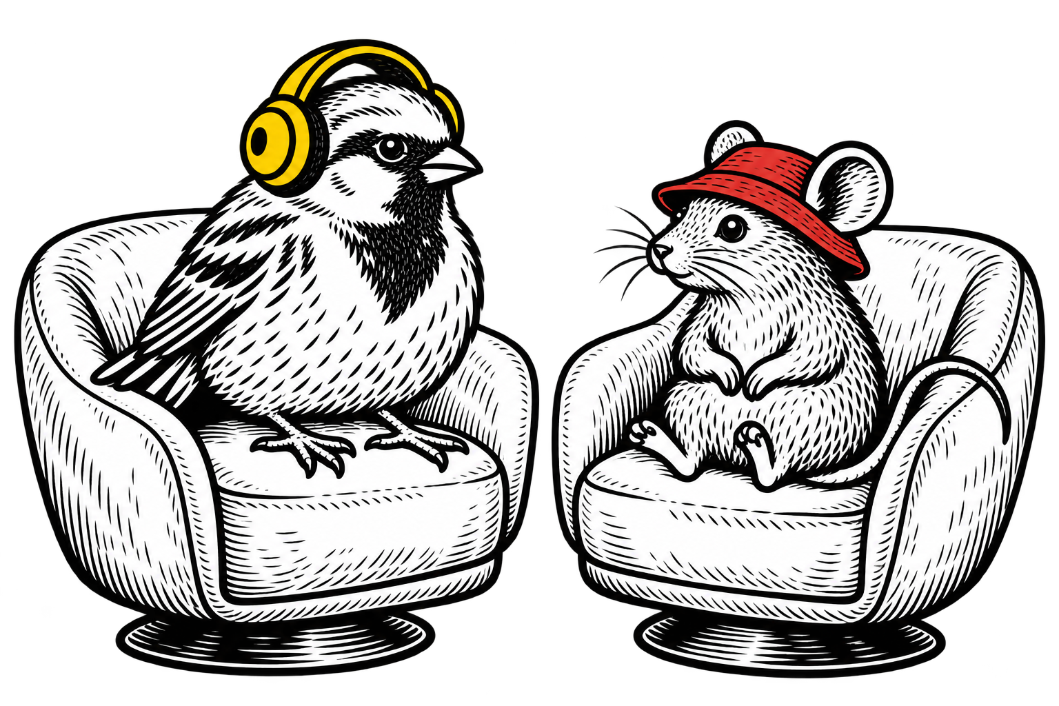 A sparrow wearing headphones and a mouse in a bucket hat sit in separate comfy chairs, gently turned towards each other.